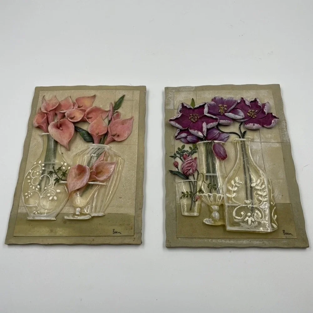 Baem Signed 3D Floral Relief Wall Plaques Set of 2 Calla Lily Purple Flowers 7in
